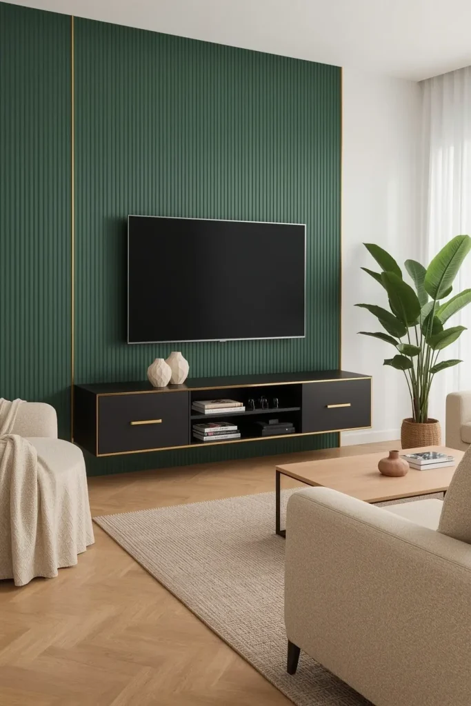 Modern TV wall with floating walnut cabinet, LED lighting, and sleek, space-saving design elements.