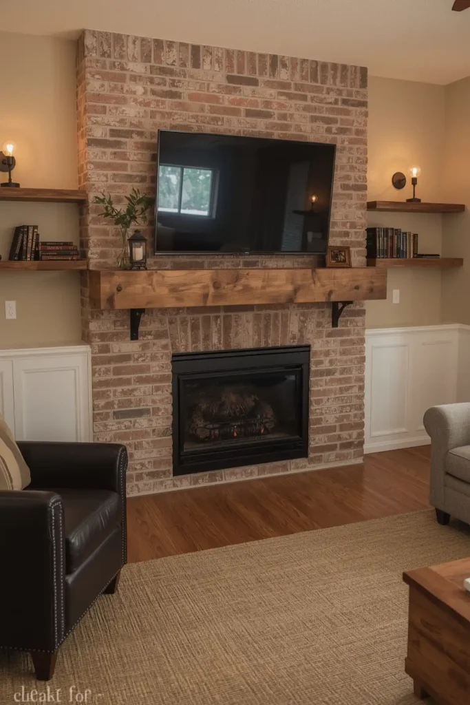 Scandinavian TV wall with wood slats, floating shelves, neutral decor, and cozy, minimalist design.