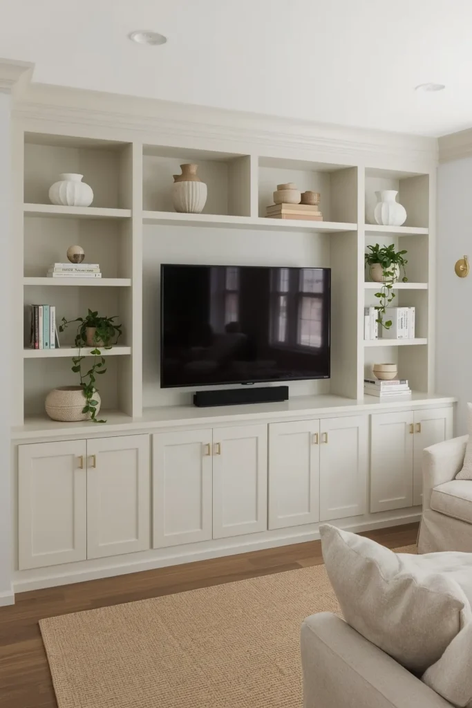 Living room with hidden frame TV display, sliding panel, and artful, minimalist wall styling.