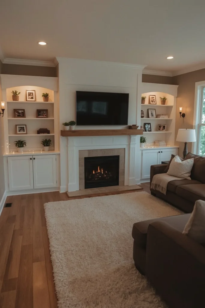 Cozy family room with fireplace TV wall, built-in shelves, wood mantel, and warm ambient lighting.