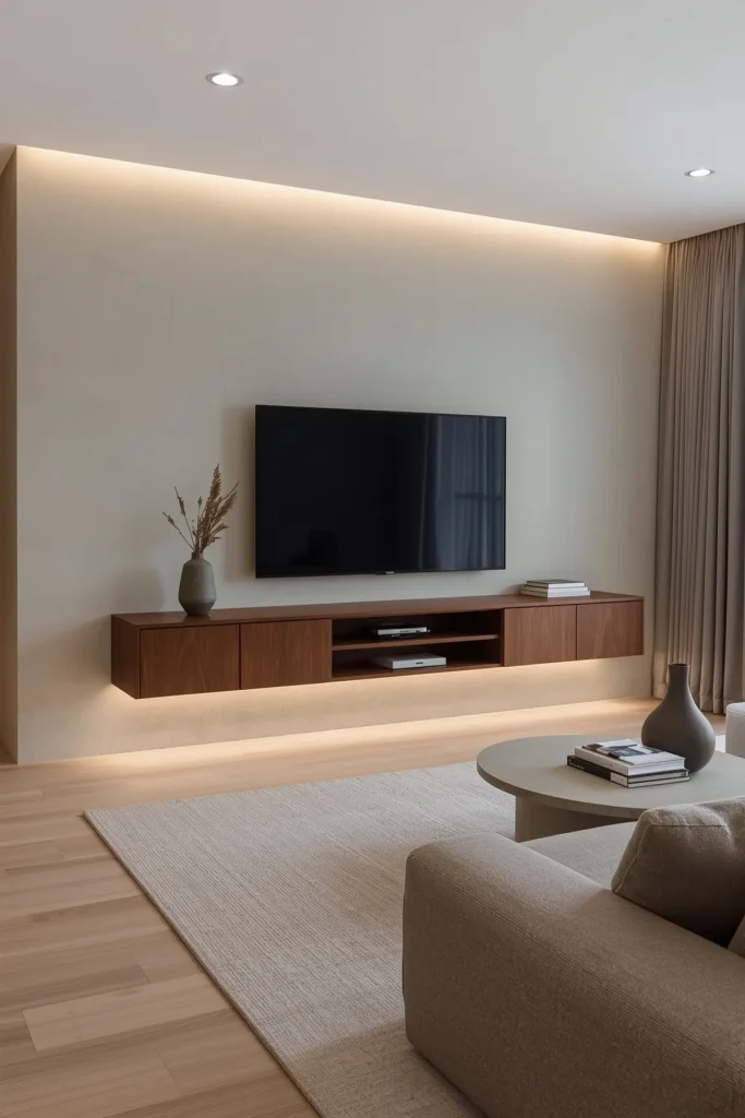 Rustic TV wall with faux brick, wood mantel, dark metal accents, and warm, vintage-inspired styling.