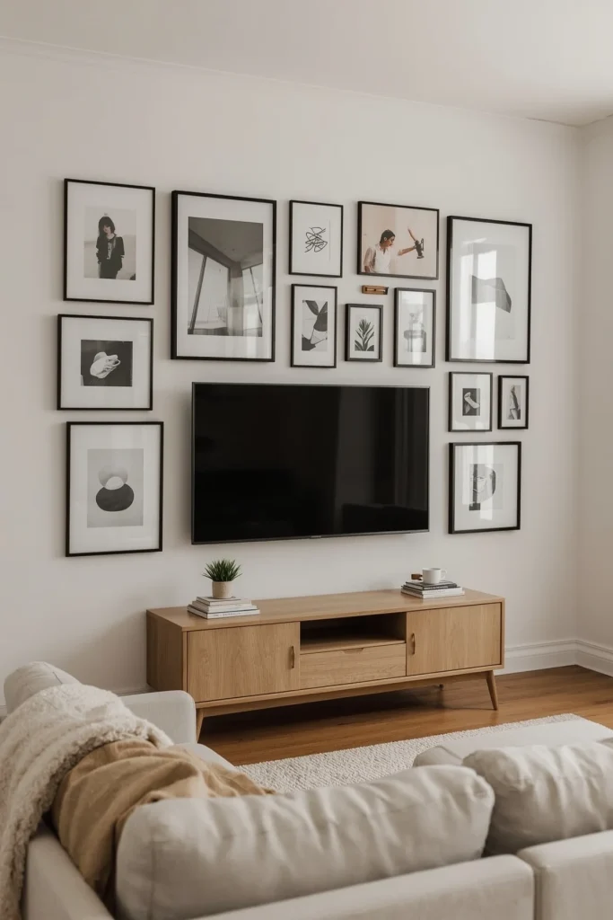 Kelly green TV wall with wood paneling, black console, neutral furniture, and bold accent design.