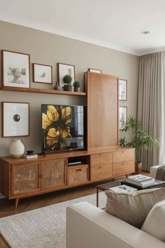 Small living room with wall-mounted TV, vertical storage, light colors, and clever space-saving design.
