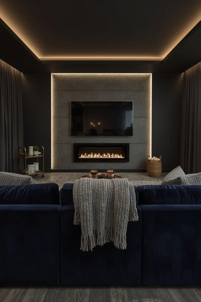 Boho TV wall with indoor plants, rattan console, woven textures, and natural, relaxed styling.