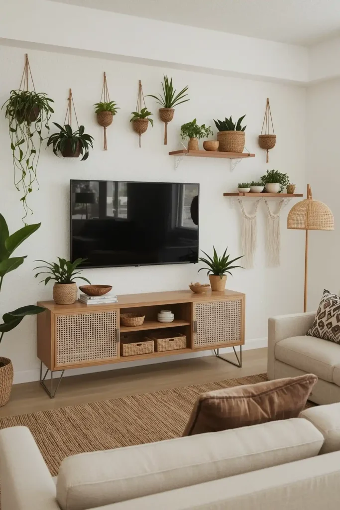 TV gallery wall with mixed frames, artwork, and photos creating a stylish, personalized living space.