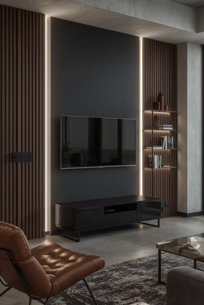 Home theater TV wall with dark accent color, LED lights, plush seating, and cozy movie-night vibes.