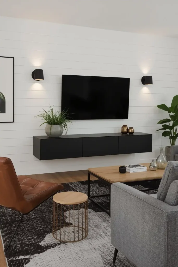 Modern TV wall with white shiplap, matte black accents, LED lighting, and bold, clean-line styling.