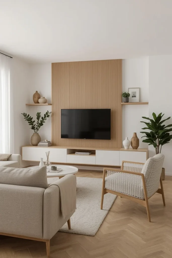 Minimalist white living room with wall-mounted TV, sleek console, hidden cords, and airy decor.