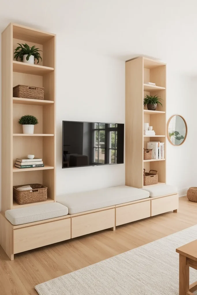 Industrial TV wall with wood slats, glass shelves, metal accents, and glowing LED strip lighting.