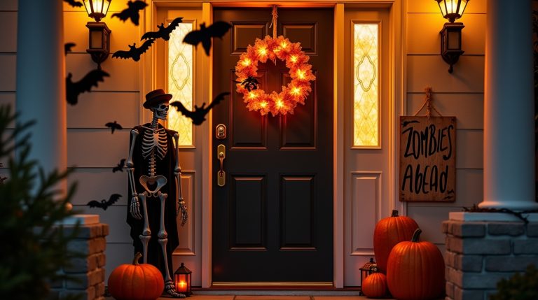 Front door with glowing wreath, bat swarm, skeleton, pumpkins, and rustic Halloween decorations.