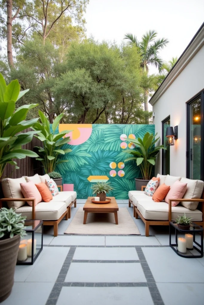 Patio with bold artistic accent wall featuring tropical mural, neutral pavers, and simple modern seating.