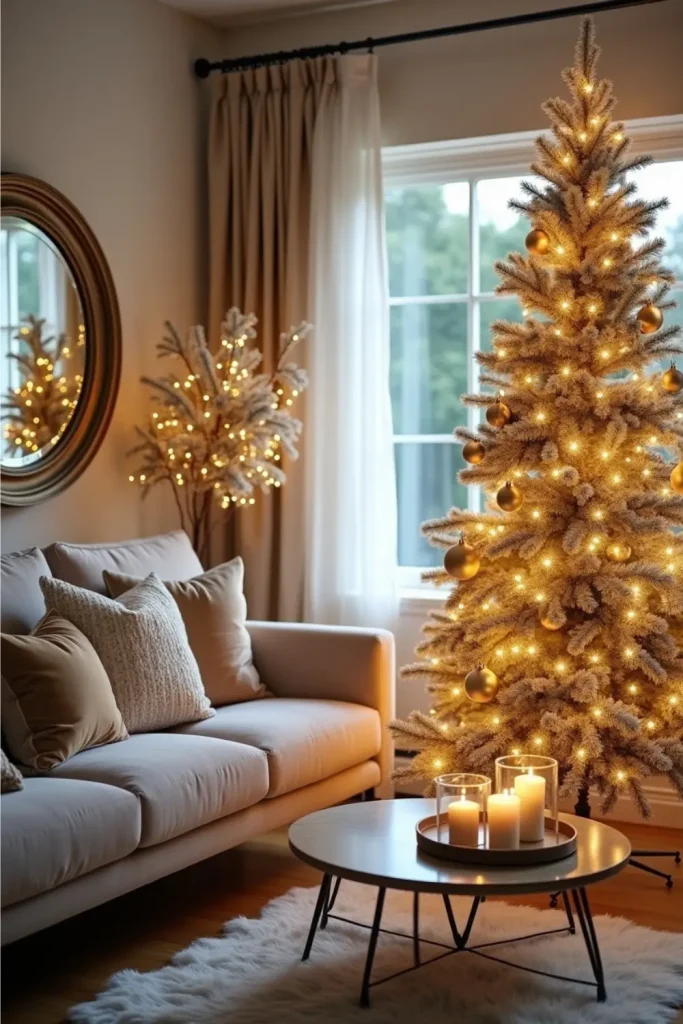Elegant Christmas living room with gold and silver tree, ribbon accents, cozy sofa, and warm glow.