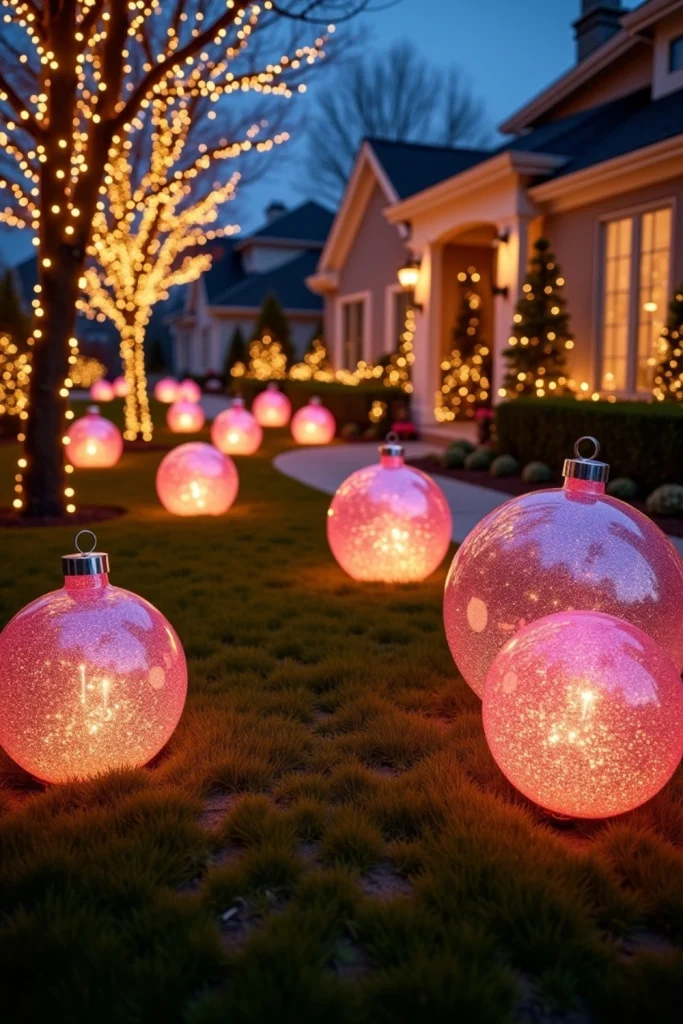 Front yard decorated with oversized glowing pink and gold Christmas ornaments scattered across the lawn, creating a bold and trendy outdoor holiday display.