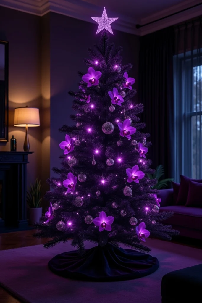 Black Christmas tree with purple lights, orchids, and sparkling amethyst crystals for a gothic vibe.