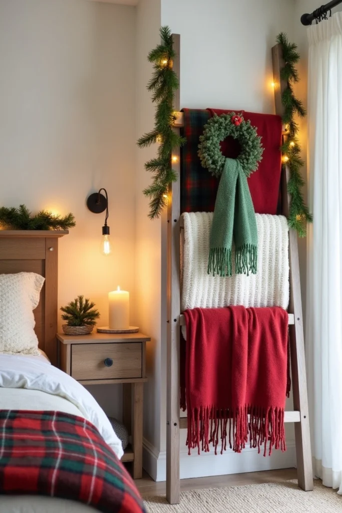 Rustic Christmas bedroom with wooden blanket ladder draped in red, green, and white festive throws.