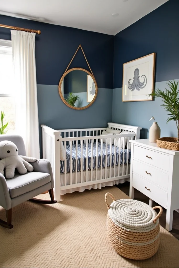 Blue nautical nursery with deep-blue wall, plush octopus, white crib, and cozy coastal-themed decor.