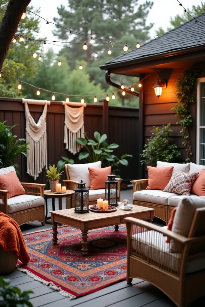 Bohemian patio with rattan seating, colorful textiles, lanterns, and lush plants for cozy outdoor vibes