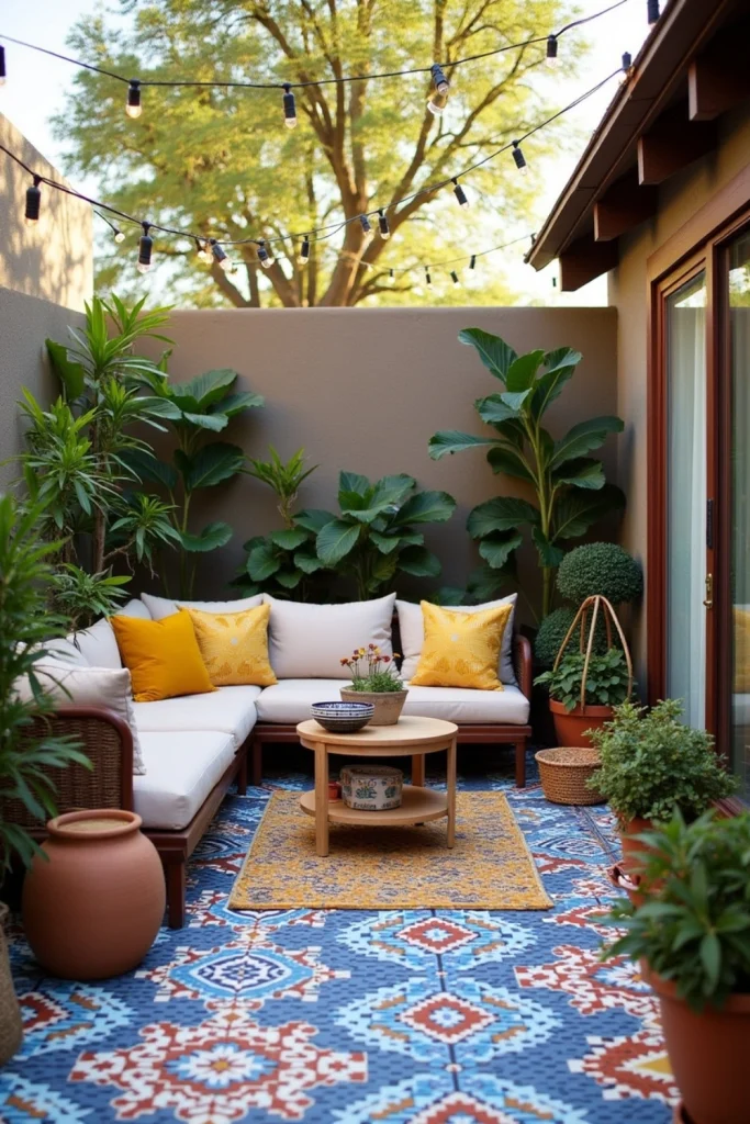 Backyard patio with bold Moroccan tiles, neutral lounge furniture, plants, and string lights for style