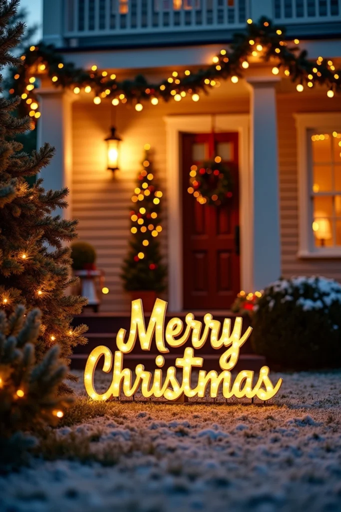 Rustic wooden “Merry Christmas” yard sign glowing with solar lights, surrounded by garlands and wreaths in a snowy farmhouse yard.