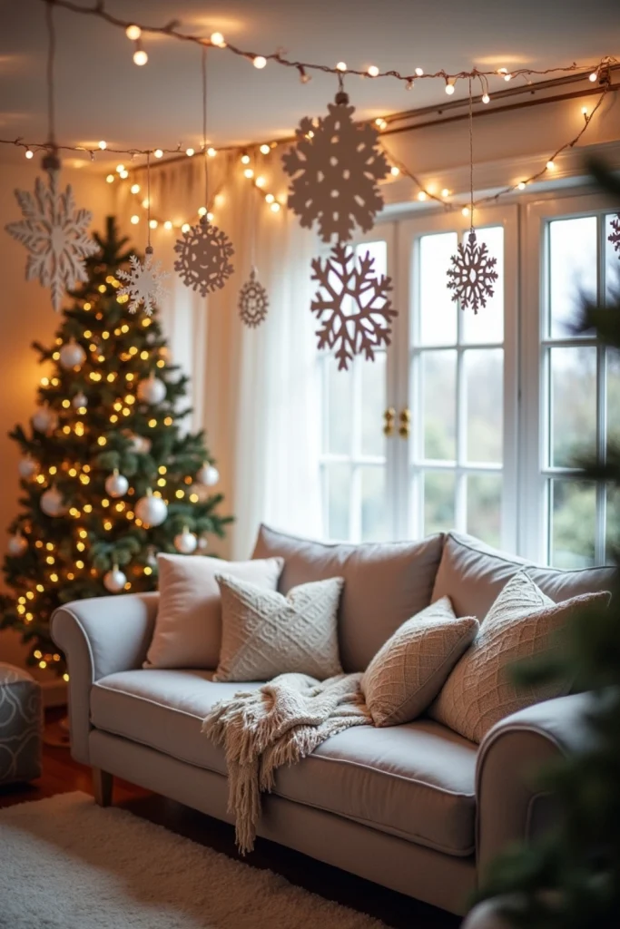 DIY paper snowflakes hang from ceiling in cozy Christmas living room with fairy lights and festive charm.