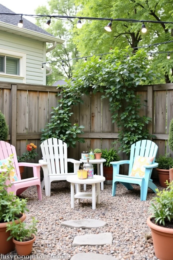 Budget-friendly DIY patio with repainted furniture, potted plants, gravel path, and string lights.