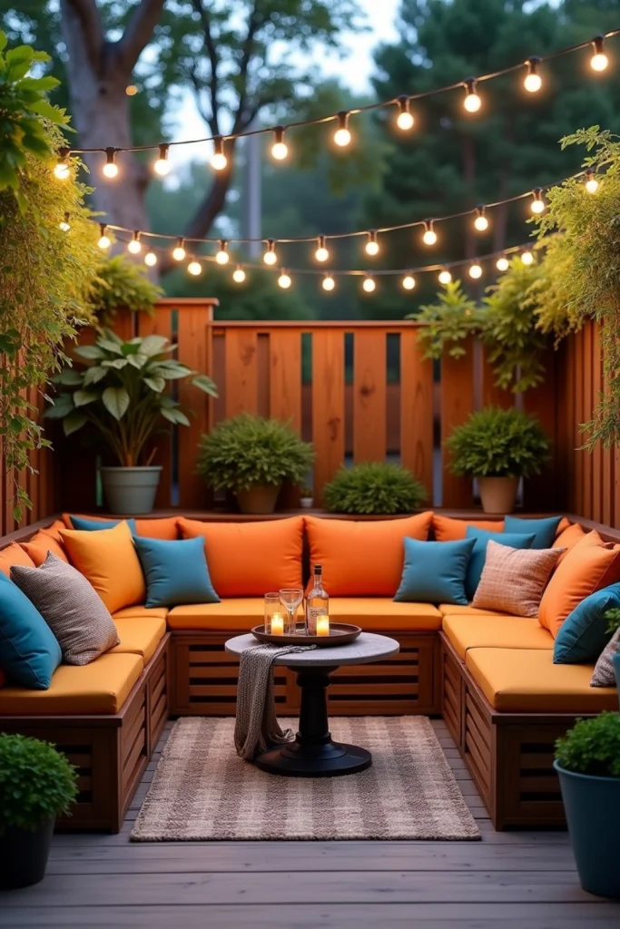 Small backyard patio with built-in benches, colorful cushions, storage, plants, and string lights.