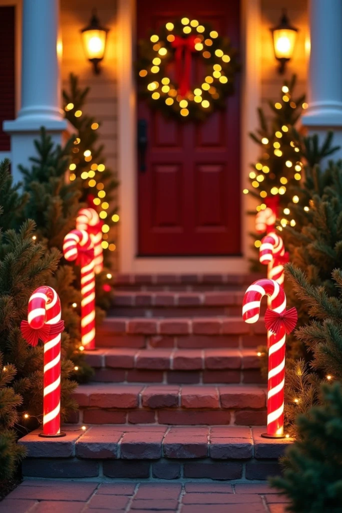Candy cane pathway markers line porch steps with lights, bows, and festive holiday charm.