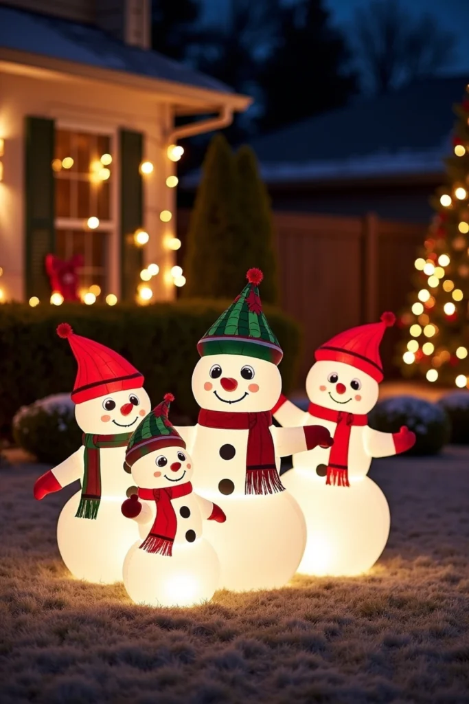 Inflatable glowing snowman family with scarves and hats decorating a festive Christmas garden.