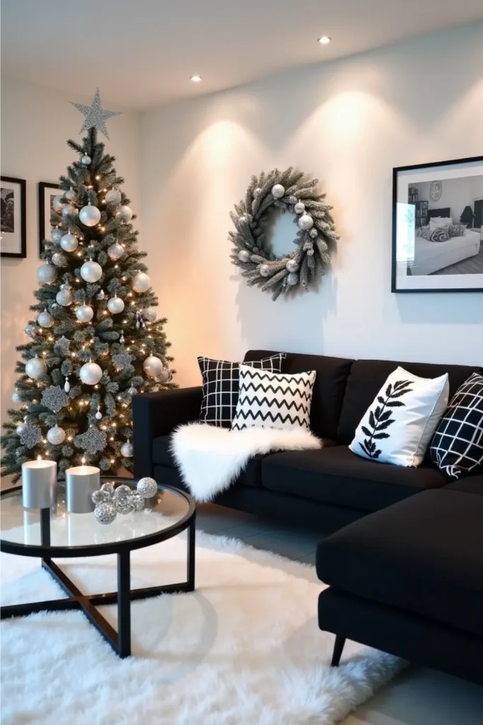 Modern monochrome Christmas living room with black, white, silver tree, sleek sofa, and chic decor.
