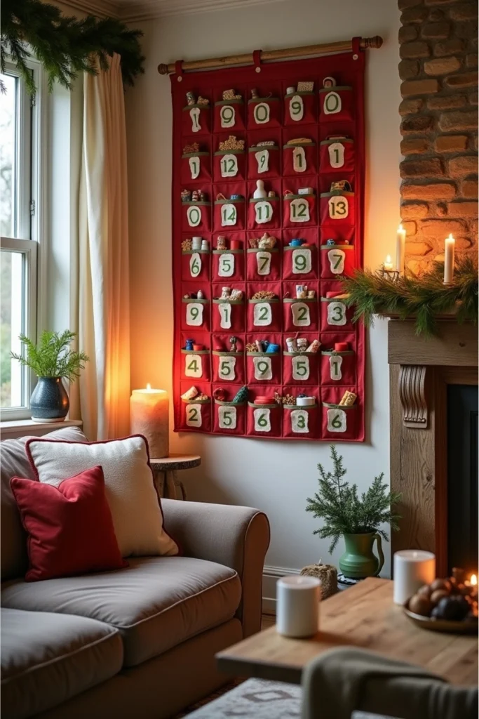 Fabric advent calendar wall with numbered pockets filled with treats as festive Christmas living room decor.