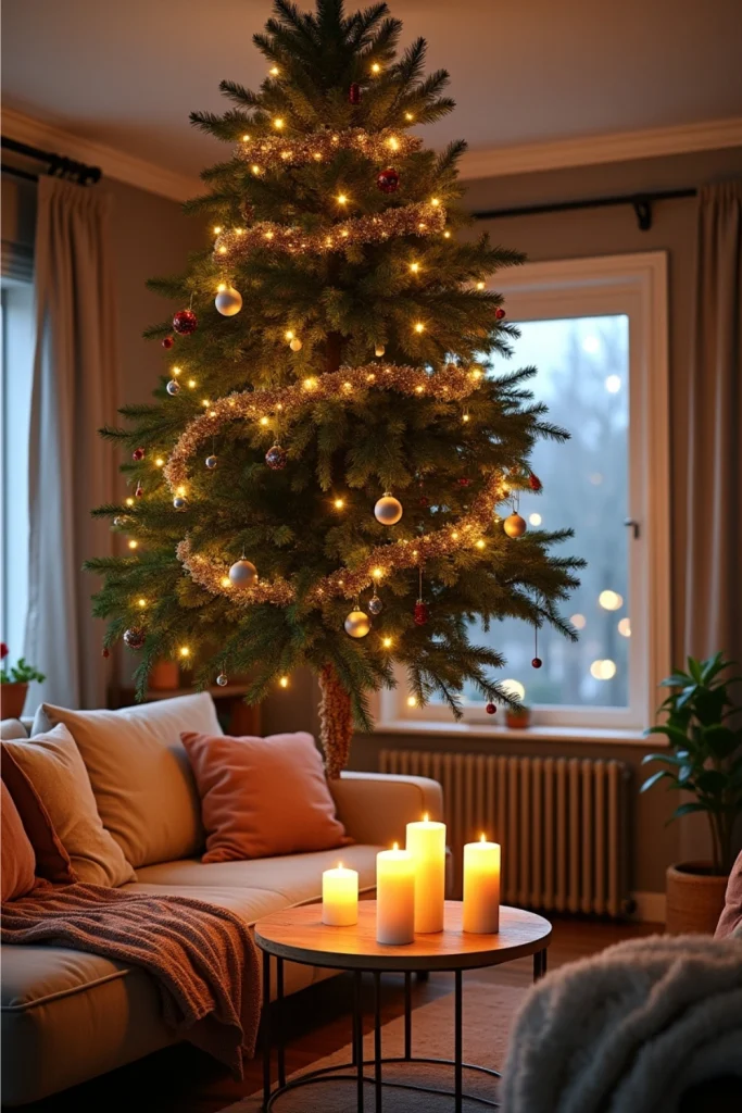 Upside-down Christmas tree hanging in living room, glowing with lights, tinsel, and ornaments.