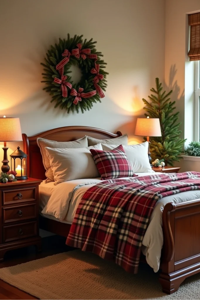 Classic Christmas bedroom with sleigh bed, plaid-ribbon wreath, vintage lantern, and festive garland.