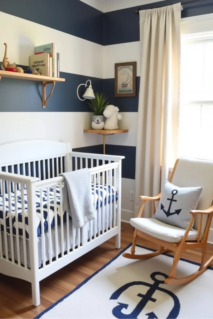 Classic nautical nursery with navy stripes, anchor rug, rope shelves, and crisp navy-and-white decor.