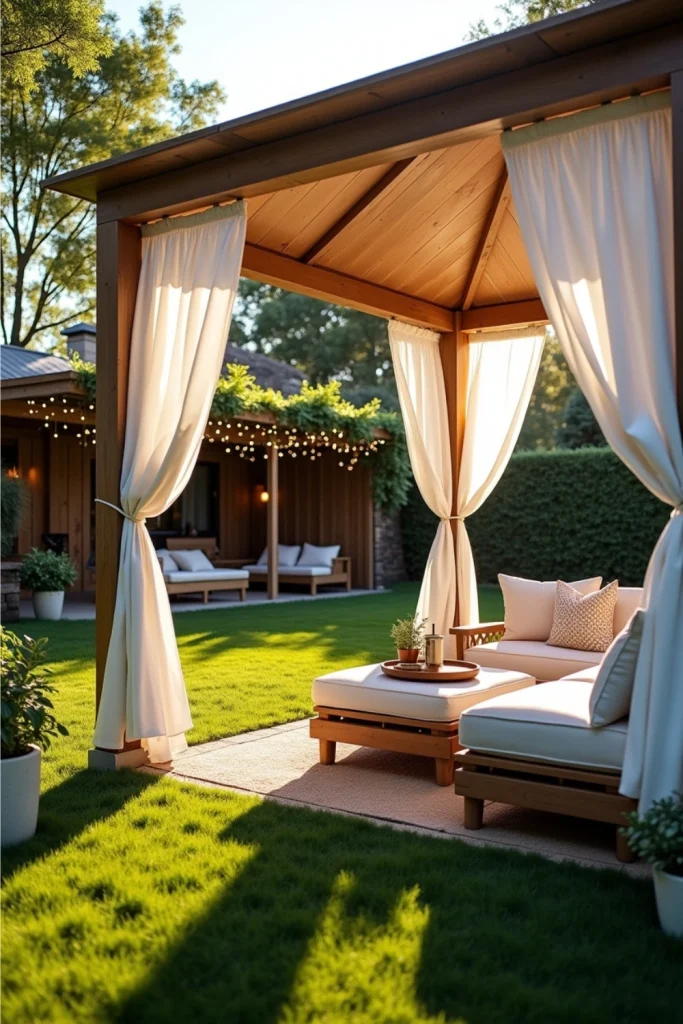 Classic cedar wooden gazebo in a lush backyard with curtains, garden path, and warm rustic charm.