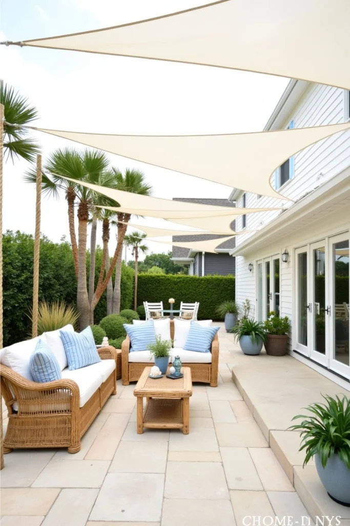 Coastal patio with white and blue sail shades, rattan furniture, nautical cushions, and driftwood accents.