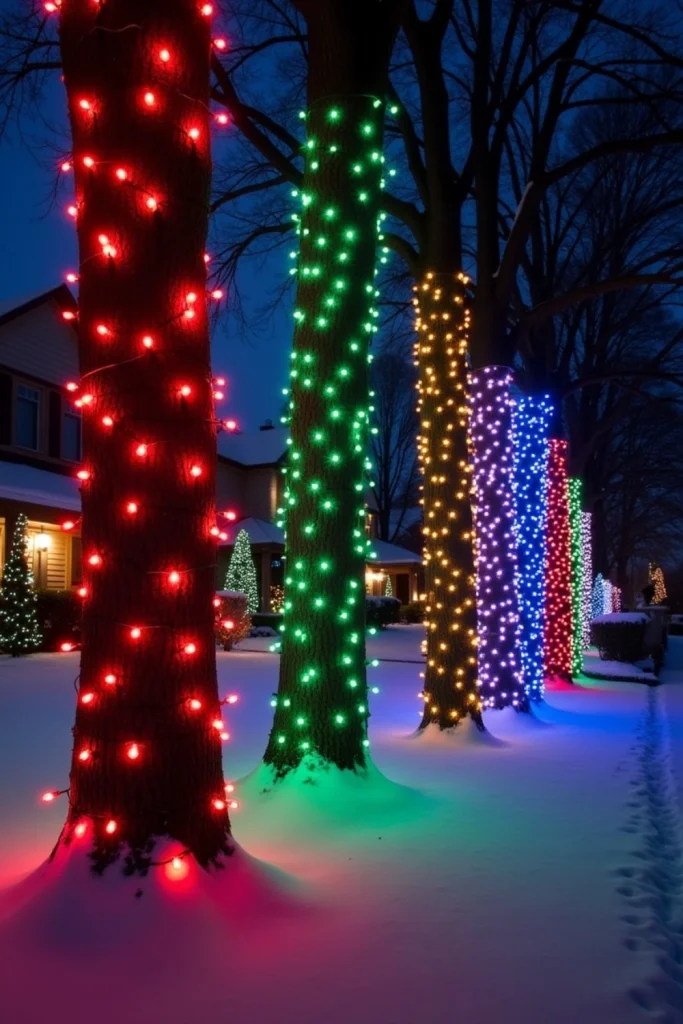 "Tree trunks wrapped in glowing multicolored Christmas lights, creating a vibrant festive outdoor display."