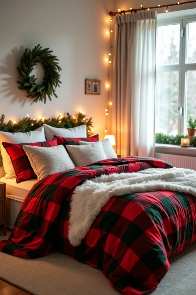 Cozy Christmas bedroom with plaid bedding, fluffy white throw, wreath above bed, and warm holiday glow.