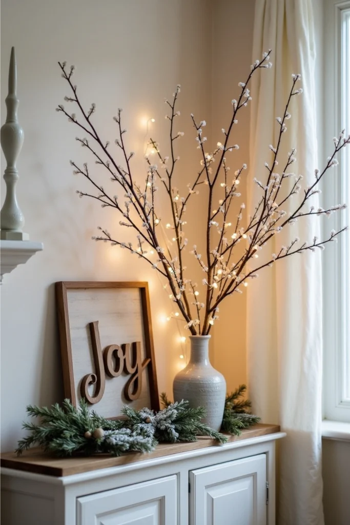Rustic Christmas shelf with wooden “Joy” sign, snowy branches, greenery, and warm festive lights.