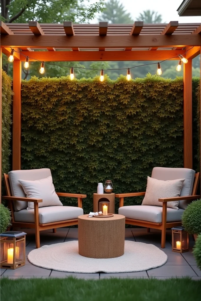 "Cozy backyard corner with DIY patio cover, private seating, solar lights, and lush greenery."
