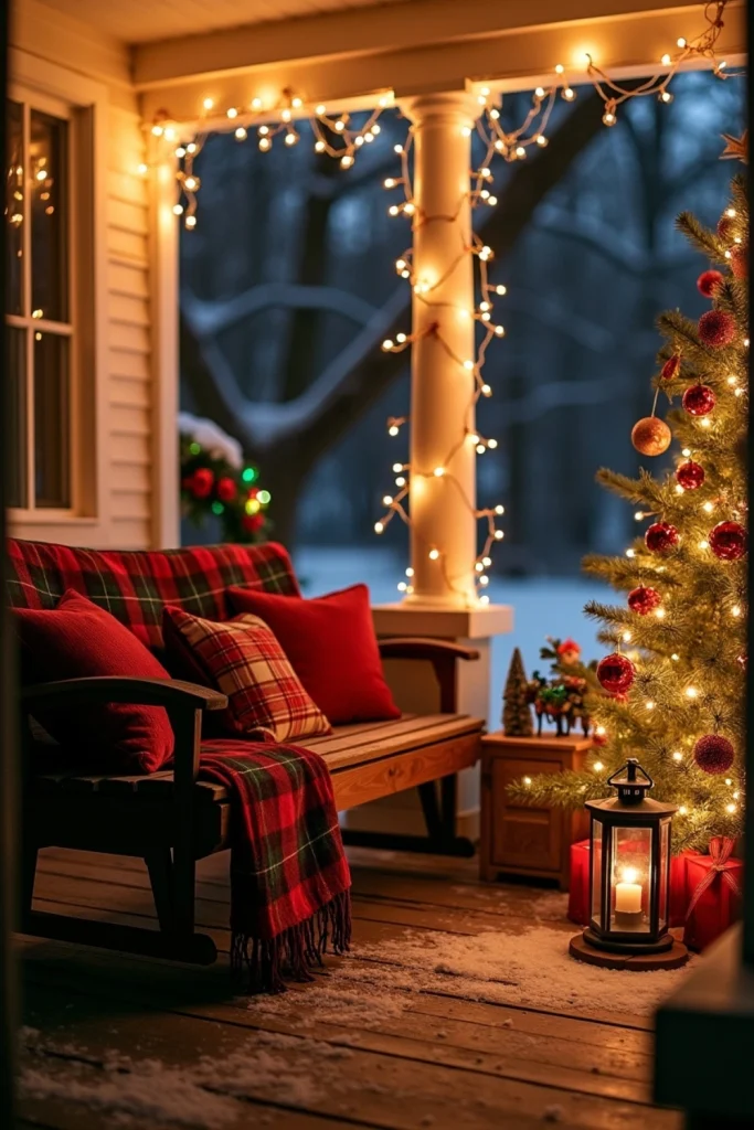 "Porch swing styled with plaid blankets, festive pillows, and string lights for a cozy Christmas vibe."