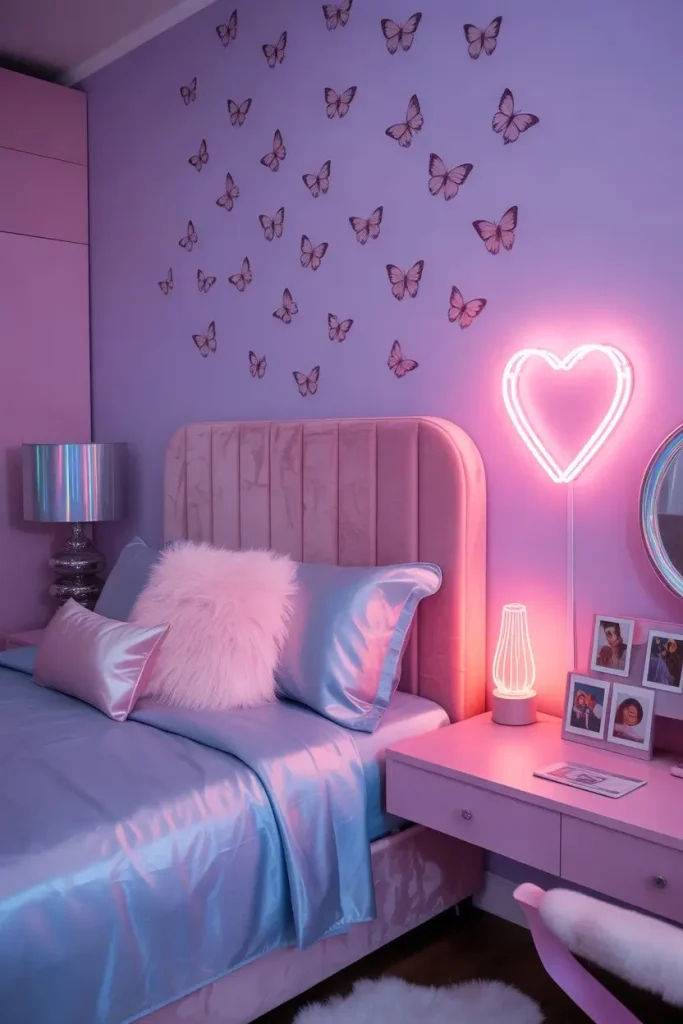 Pastel Y2K bedroom with butterfly decals, neon signs, and iridescent glam for nostalgic vibes.