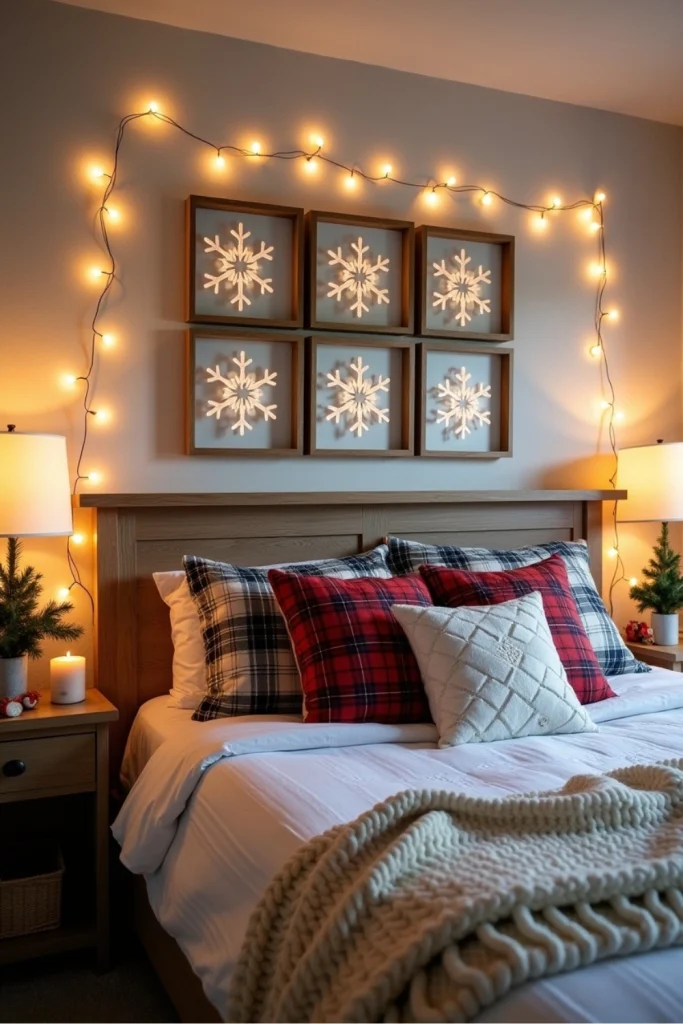 Rustic Christmas bedroom with DIY snowflake wall art, LED glow, plaid bedding, and cozy holiday accents.