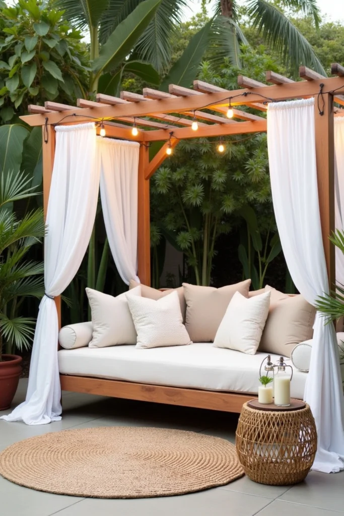Backyard patio with canopy daybed, plush pillows, rug, plants, and lanterns for a cozy outdoor retreat