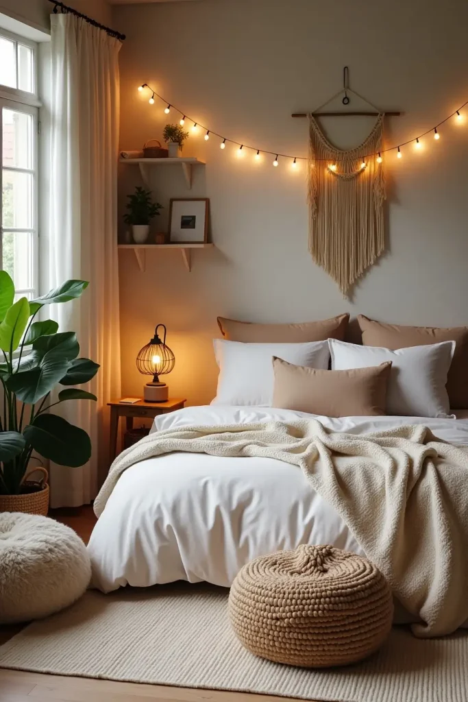 Boho bedroom with linen bedding, bean bags, warm lighting, and plants for a cozy, chill vibe.