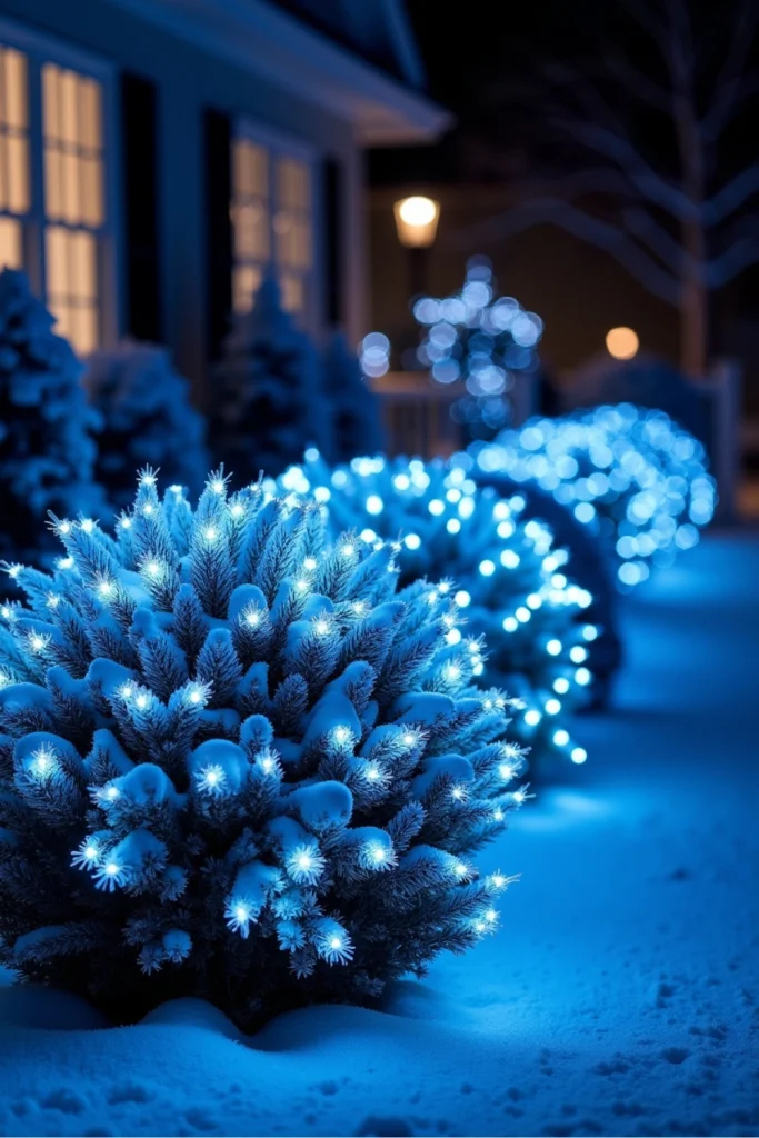 Bushes decorated with cool white and blue net lights, creating an easy and polished outdoor Christmas winter wonderland look.