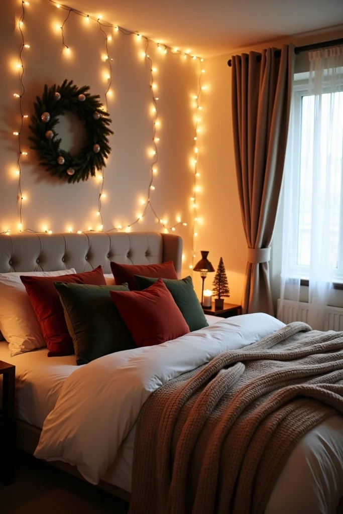 Christmas bedroom with fairy lights on headboard and curtains, cozy bedding, candles, and festive décor.