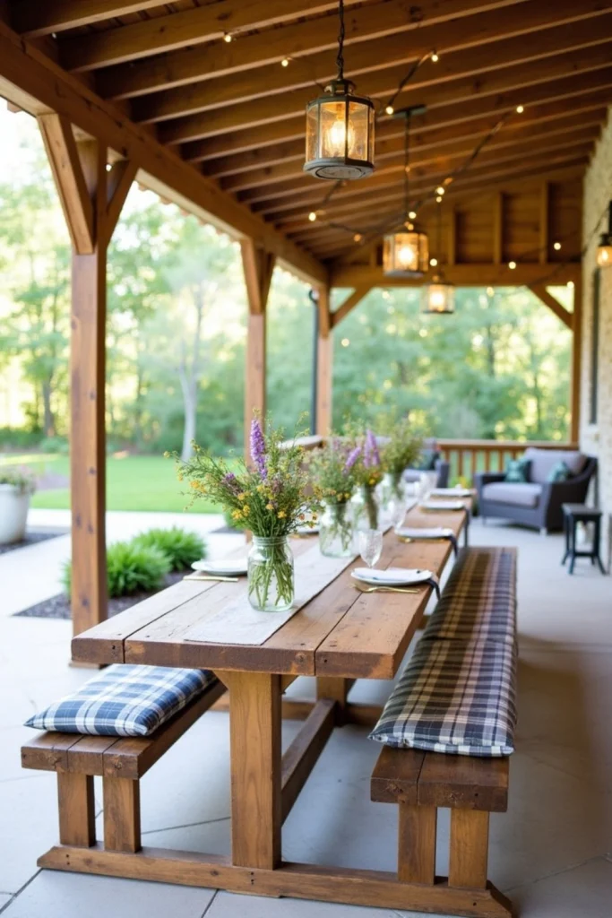 Farmhouse patio with rustic beams, long wood dining table, plaid cushions, and vintage lantern lighting