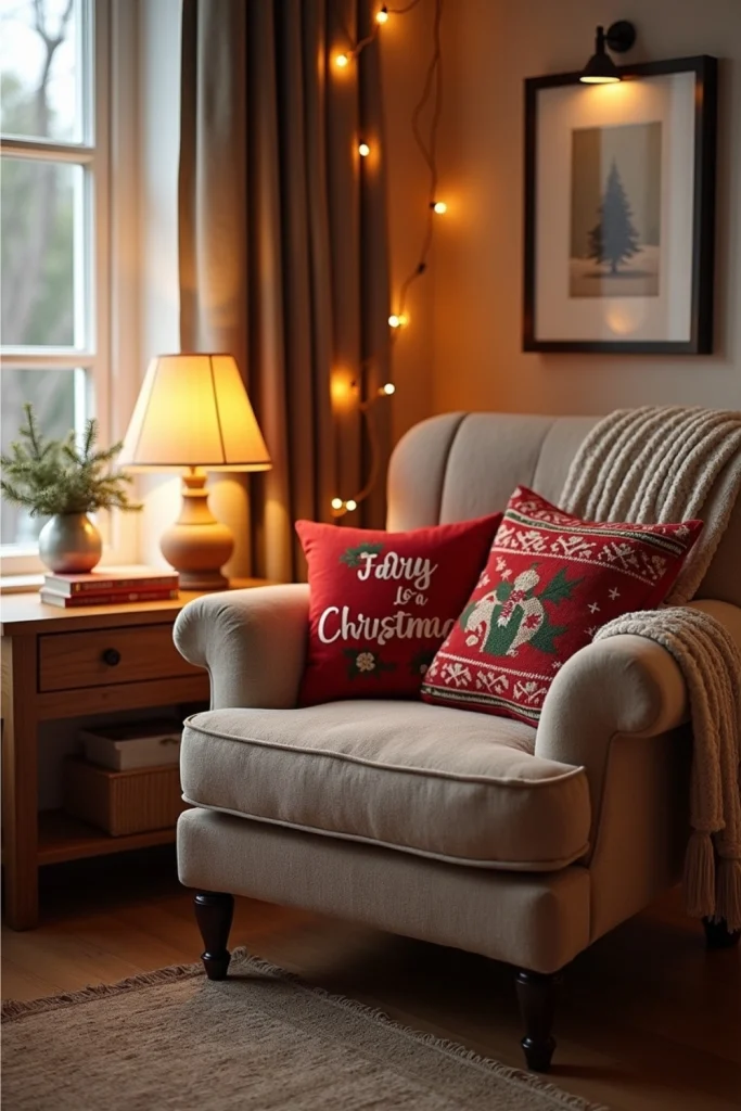 Cozy Christmas bedroom reading nook with chair, knit blanket, festive books, and glowing fairy lights.