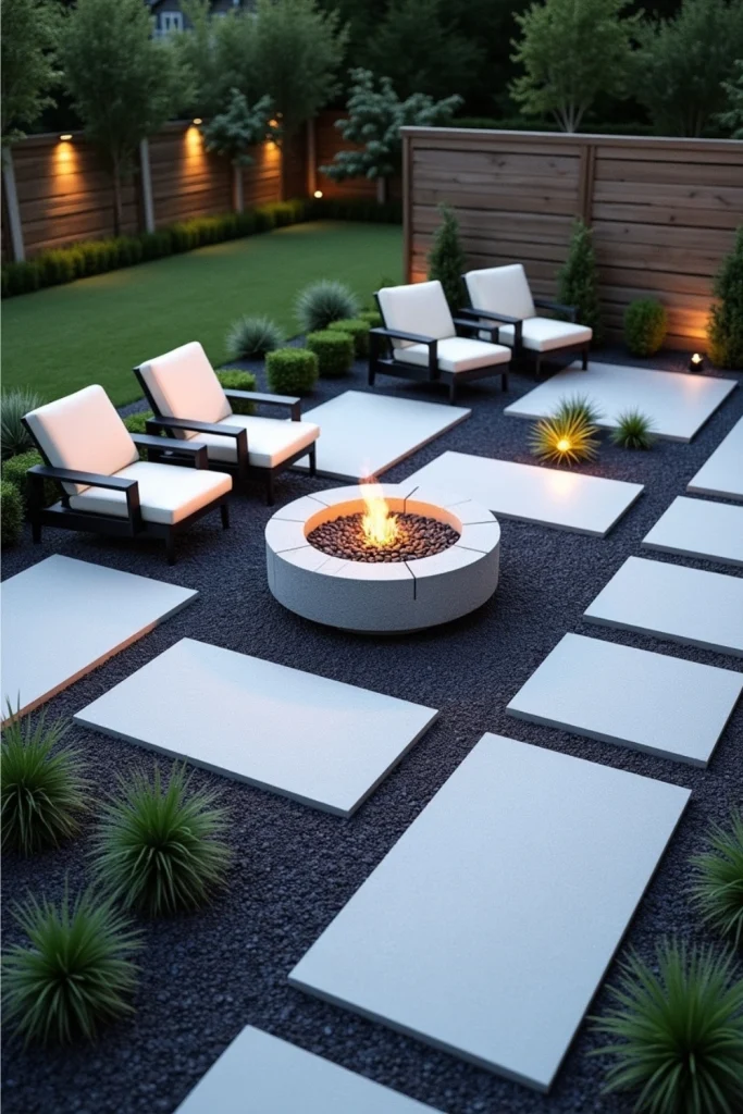 Modern floating paver patio with gravel, sleek lounge chairs, fire pit, and low grasses for contrast.
