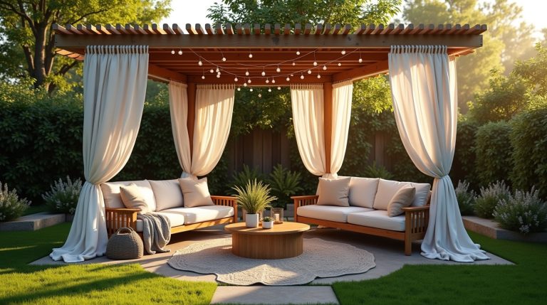 "Backyard transformed with wooden gazebo, cozy seating, patio cover, stone paths, and lush greenery."